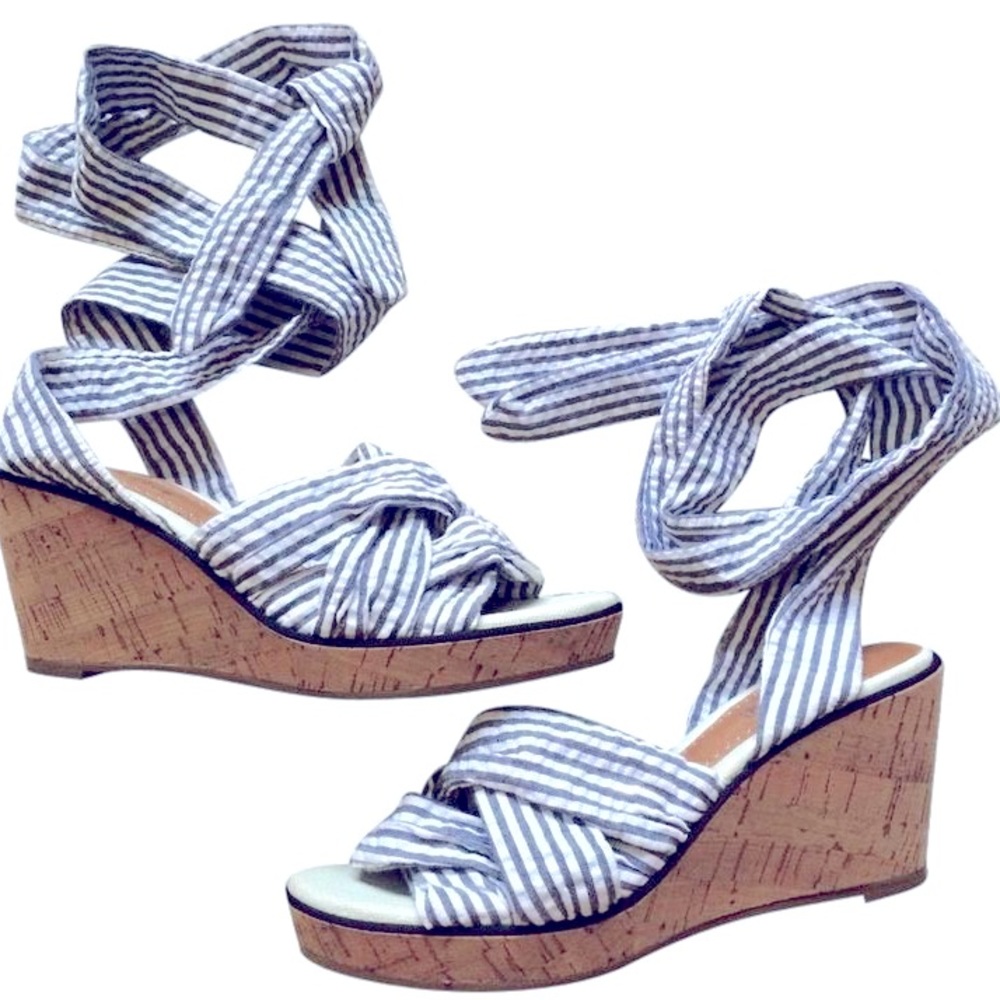 Sperry Blue and White Striped Cork Wedge Sandals
